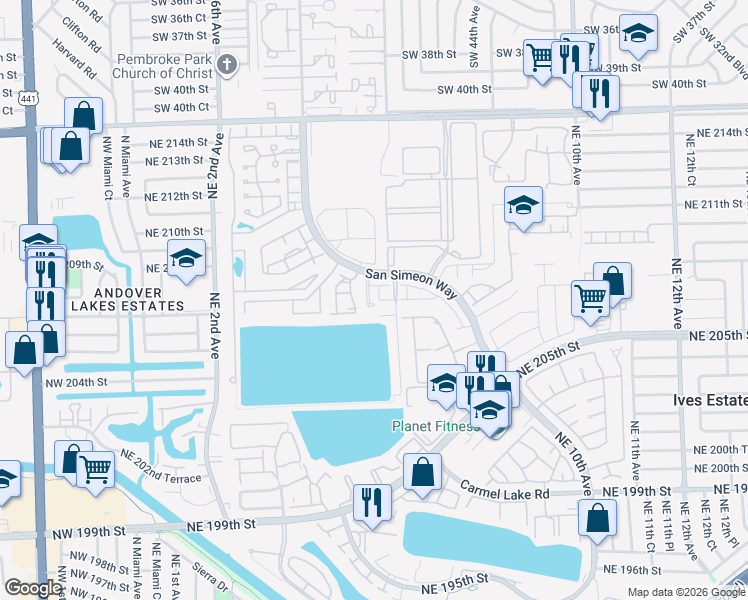 map of restaurants, bars, coffee shops, grocery stores, and more near 20890 San Simeon Way in Miami