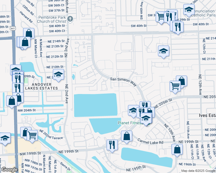 map of restaurants, bars, coffee shops, grocery stores, and more near 20890 San Simeon Way in Miami