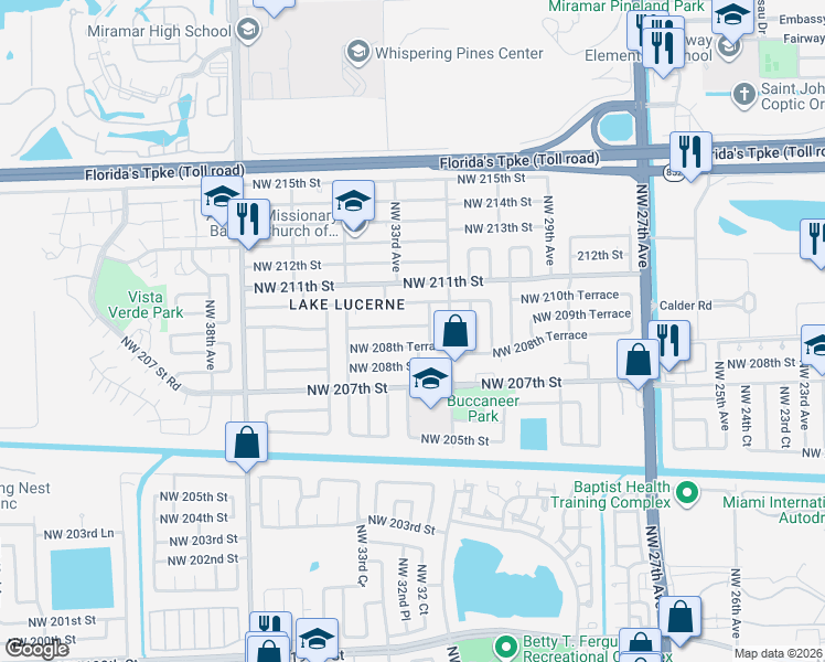 map of restaurants, bars, coffee shops, grocery stores, and more near 3261 Northwest 209th Terrace in Miami Gardens