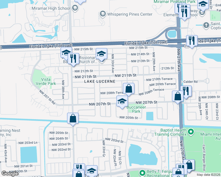 map of restaurants, bars, coffee shops, grocery stores, and more near 3331 Northwest 209th Terrace in Miami Gardens