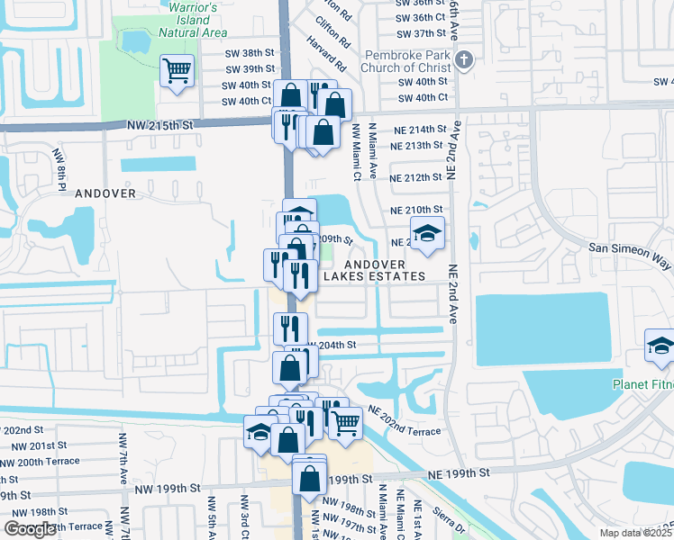 map of restaurants, bars, coffee shops, grocery stores, and more near 20800 Northwest Miami Place in Miami
