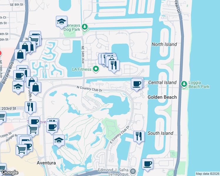 map of restaurants, bars, coffee shops, grocery stores, and more near 3475 North Country Club Drive in Aventura