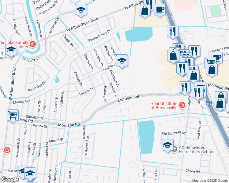 map of restaurants, bars, coffee shops, grocery stores, and more near Beacon Court in Brownsville