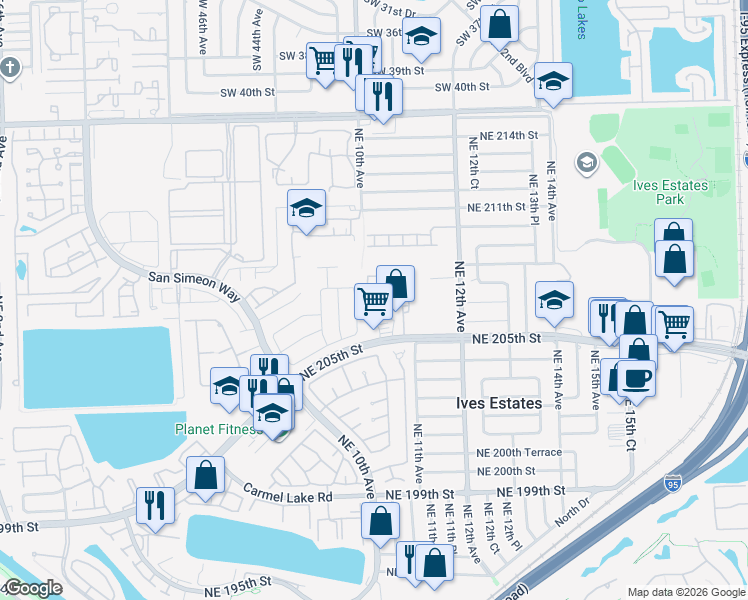 map of restaurants, bars, coffee shops, grocery stores, and more near 20637 Northeast 9th Place in Miami