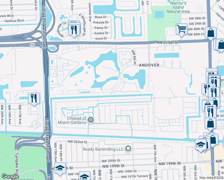 map of restaurants, bars, coffee shops, grocery stores, and more near 20801 Northwest 9th Court in Miami Gardens