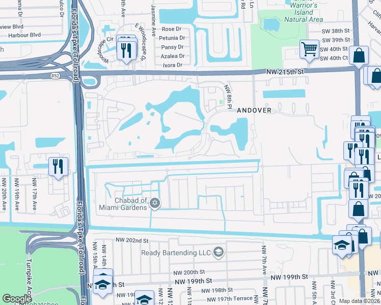 map of restaurants, bars, coffee shops, grocery stores, and more near 20801 Northwest 9th Court in Miami Gardens