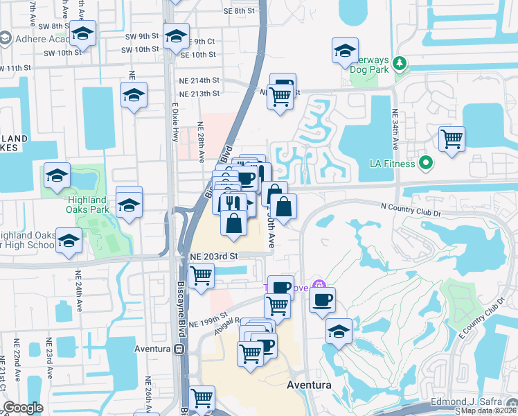 map of restaurants, bars, coffee shops, grocery stores, and more near 20751 Northeast 30th Place in Miami