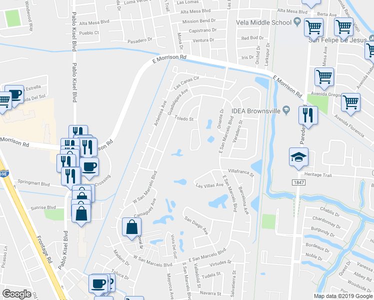 map of restaurants, bars, coffee shops, grocery stores, and more near 255 Pinar del Rio Avenue in Brownsville
