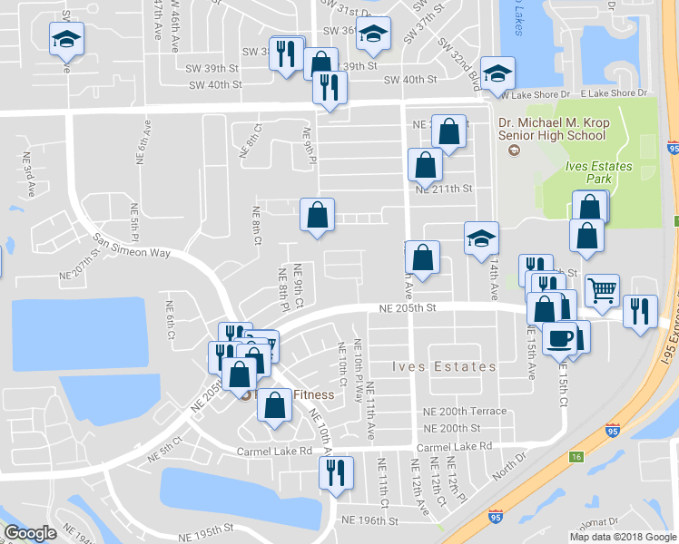 map of restaurants, bars, coffee shops, grocery stores, and more near 1026 Northeast 207th Terrace in Miami