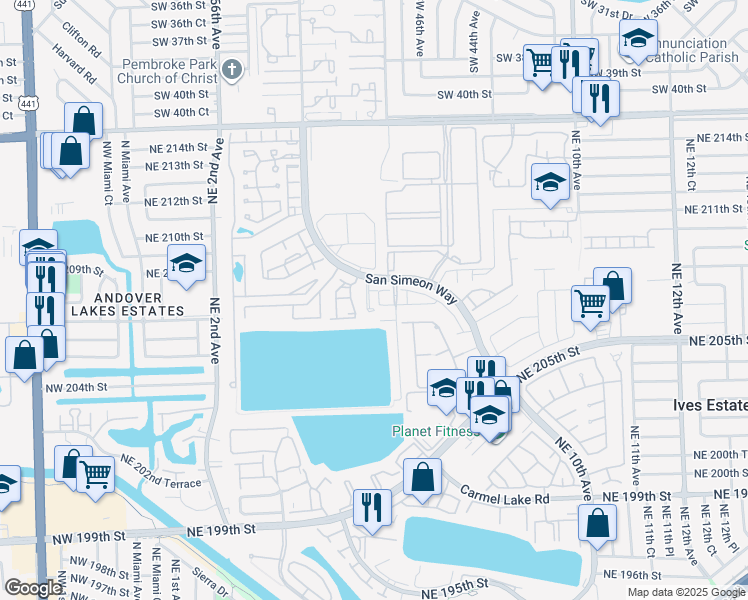map of restaurants, bars, coffee shops, grocery stores, and more near 20890 San Simeon Way in Miami