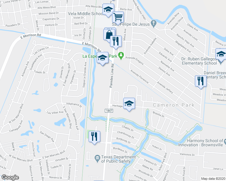 map of restaurants, bars, coffee shops, grocery stores, and more near 3596 Calle Costa Rica in Brownsville