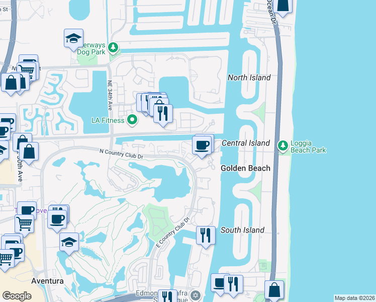 map of restaurants, bars, coffee shops, grocery stores, and more near 3701 North Country Club Drive in Aventura