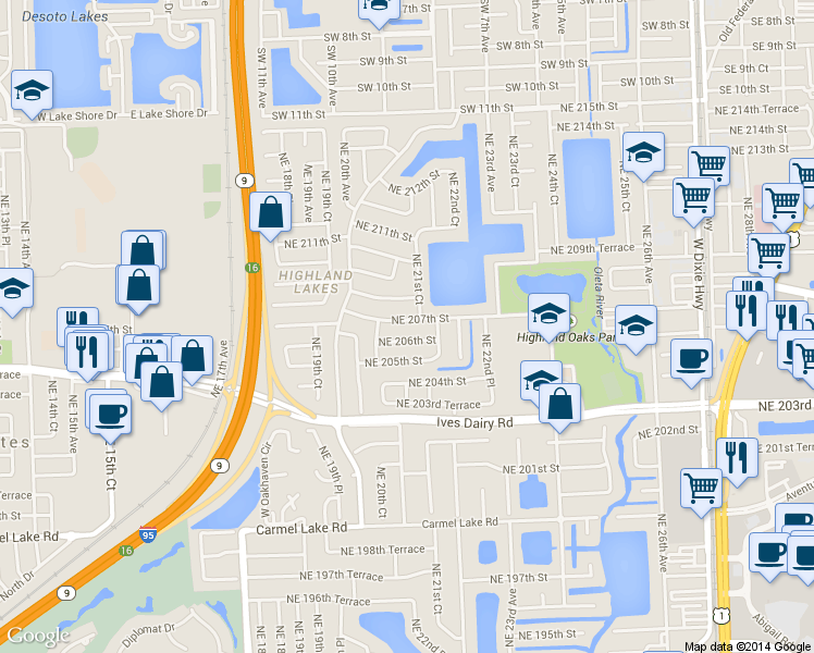 map of restaurants, bars, coffee shops, grocery stores, and more near 2070 Northeast 207th Street in North Miami Beach