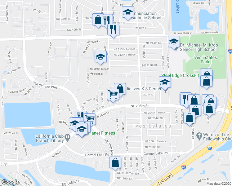 map of restaurants, bars, coffee shops, grocery stores, and more near 1044 Northeast 207th Terrace in Miami