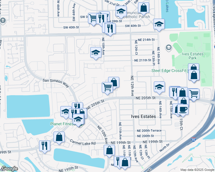 map of restaurants, bars, coffee shops, grocery stores, and more near 20637 Northeast 9th Place in Miami