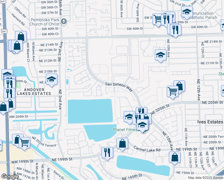 map of restaurants, bars, coffee shops, grocery stores, and more near 20890 San Simeon Way in Miami