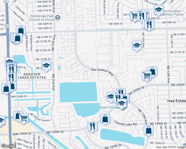 map of restaurants, bars, coffee shops, grocery stores, and more near 20890 San Simeon Way in Miami