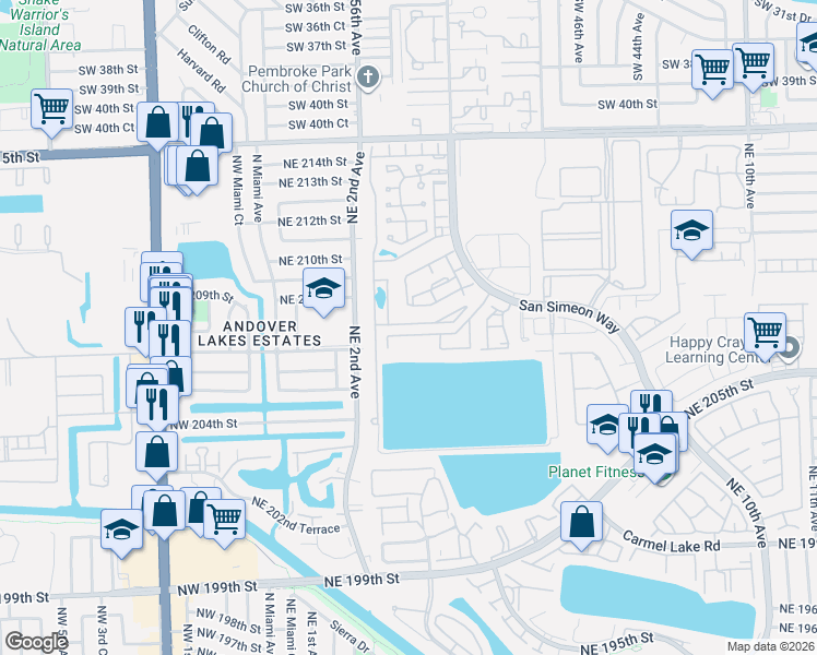 map of restaurants, bars, coffee shops, grocery stores, and more near 308 Northeast 208th Terrace in North Miami Beach