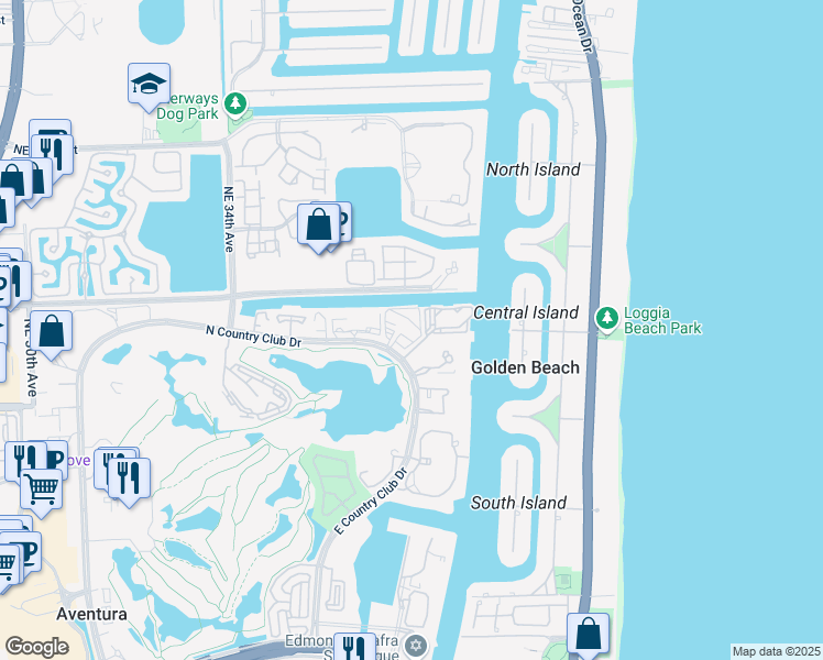 map of restaurants, bars, coffee shops, grocery stores, and more near 3701 North Country Club Drive in Aventura