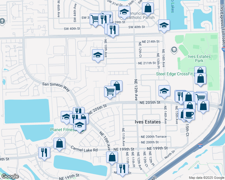 map of restaurants, bars, coffee shops, grocery stores, and more near 1044 Northeast 207th Terrace in Miami
