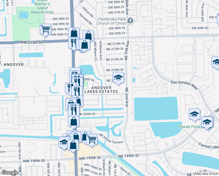 map of restaurants, bars, coffee shops, grocery stores, and more near 20800 Northeast Miami Court in Miami