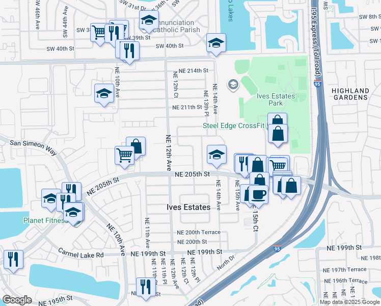 map of restaurants, bars, coffee shops, grocery stores, and more near 1291 Northeast 207th Street in Miami