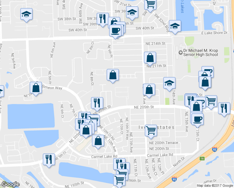 map of restaurants, bars, coffee shops, grocery stores, and more near 20739 Northeast 10th Court in Miami