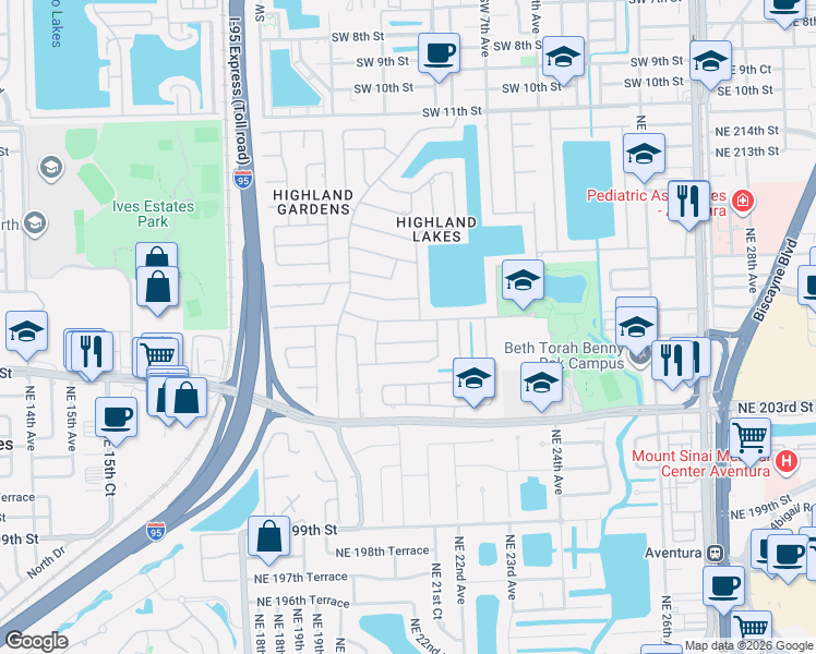 map of restaurants, bars, coffee shops, grocery stores, and more near 2070 Northeast 207th Street in North Miami Beach