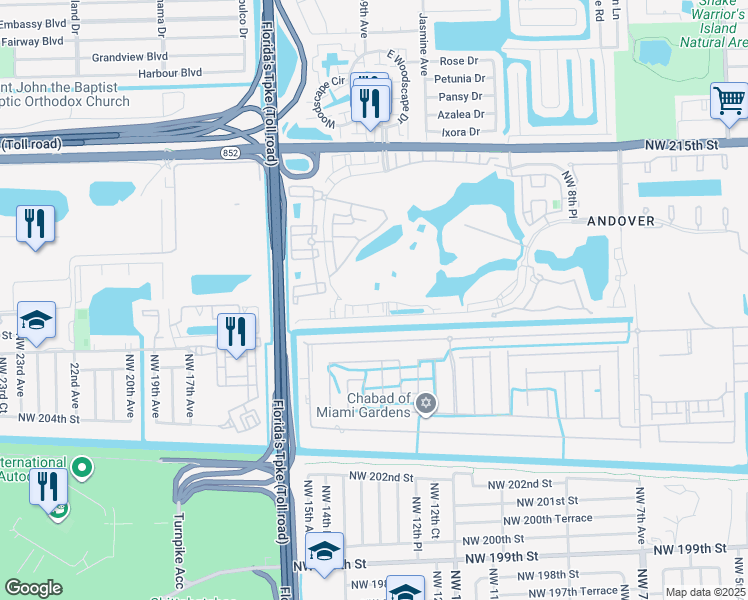 map of restaurants, bars, coffee shops, grocery stores, and more near 1372 Northwest 208th Street in Miami Gardens