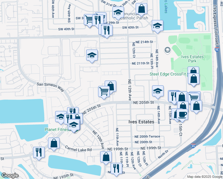 map of restaurants, bars, coffee shops, grocery stores, and more near 1044 Northeast 207th Terrace in Miami