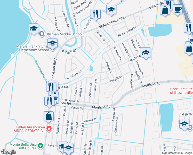 map of restaurants, bars, coffee shops, grocery stores, and more near 3093 Valletta St in Brownsville