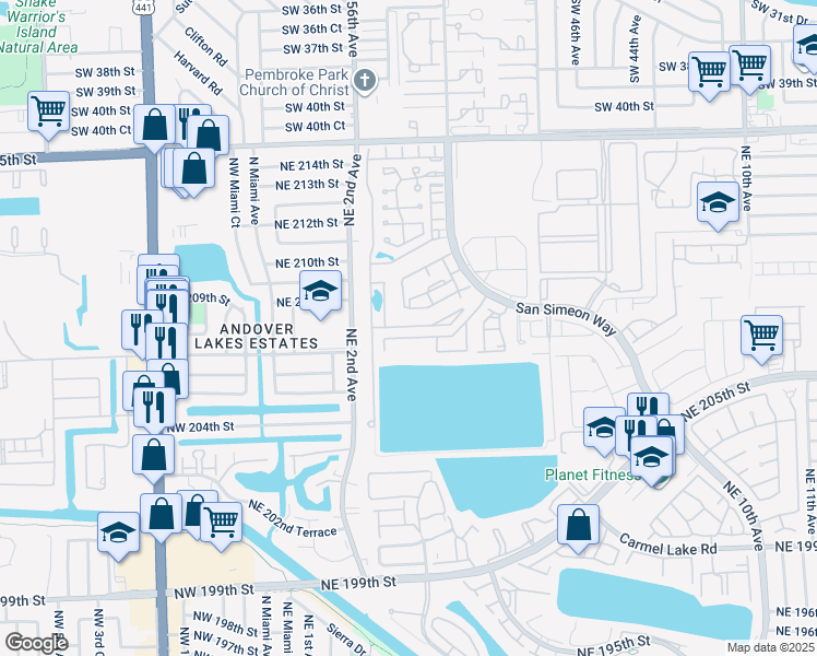 map of restaurants, bars, coffee shops, grocery stores, and more near 308 Northeast 208th Terrace in North Miami Beach