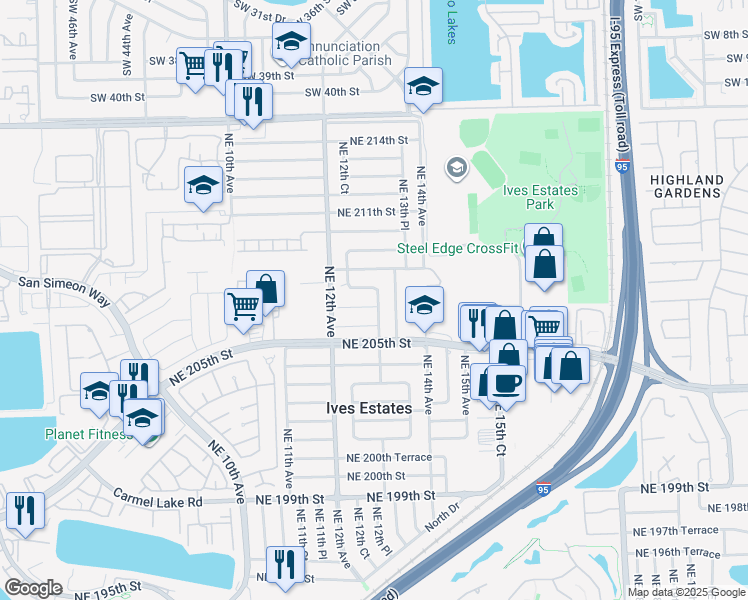 map of restaurants, bars, coffee shops, grocery stores, and more near 1291 Northeast 207th Street in Miami