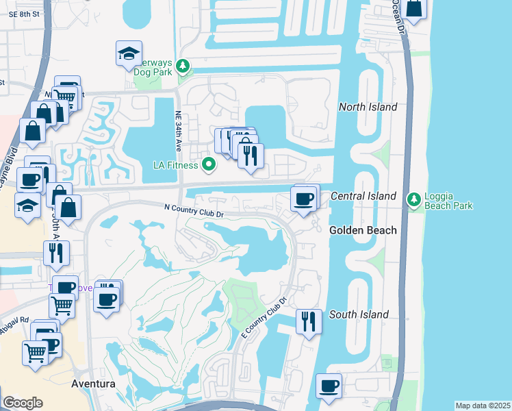 map of restaurants, bars, coffee shops, grocery stores, and more near 3675 North Country Club Drive in Aventura