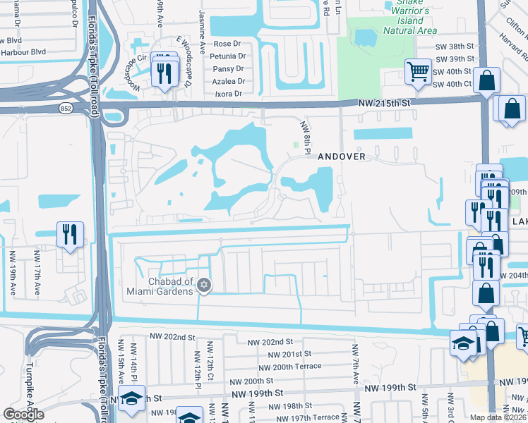 map of restaurants, bars, coffee shops, grocery stores, and more near 20801 Northwest 9th Court in Miami Gardens