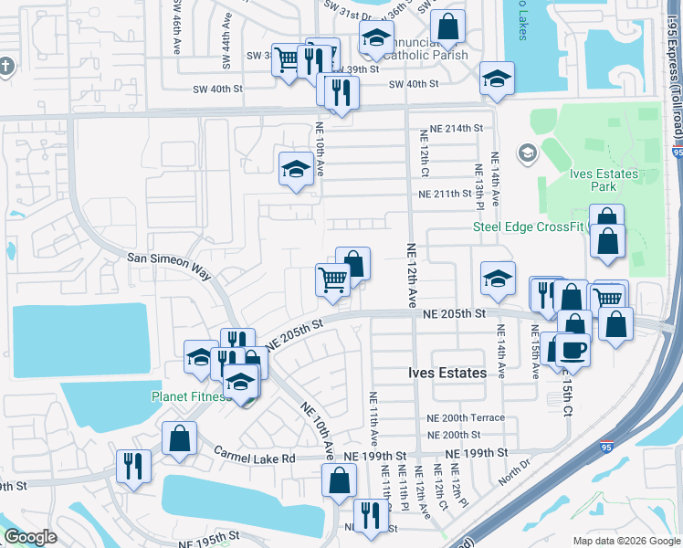 map of restaurants, bars, coffee shops, grocery stores, and more near 1044 Northeast 207th Terrace in Miami