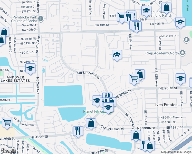 map of restaurants, bars, coffee shops, grocery stores, and more near 705 Northeast 208th Terrace in Miami