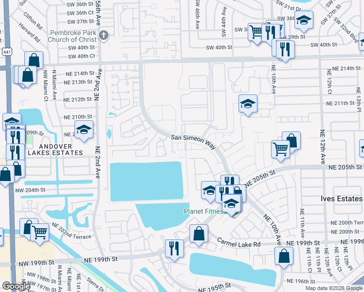 map of restaurants, bars, coffee shops, grocery stores, and more near 20890 San Simeon Way in Miami