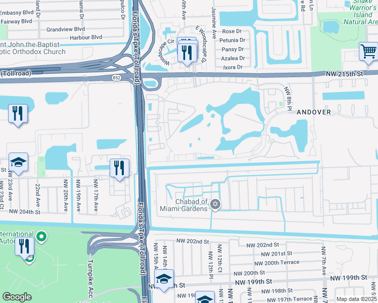 map of restaurants, bars, coffee shops, grocery stores, and more near 1372 Northwest 208th Street in Miami Gardens