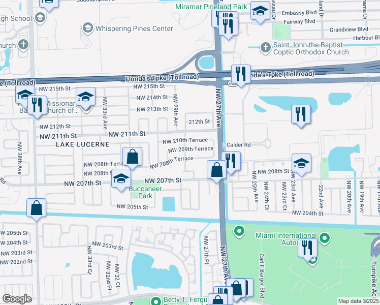 map of restaurants, bars, coffee shops, grocery stores, and more near 2900 Northwest 209th Terrace in Miami Gardens
