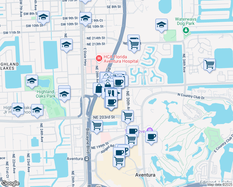 map of restaurants, bars, coffee shops, grocery stores, and more near 2920 Northeast 207th Street in Aventura