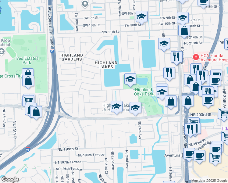 map of restaurants, bars, coffee shops, grocery stores, and more near 20625 NE 22nd Ct in Miami