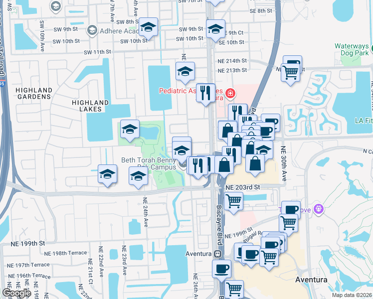 map of restaurants, bars, coffee shops, grocery stores, and more near 20645 Northeast 25th Place in Miami