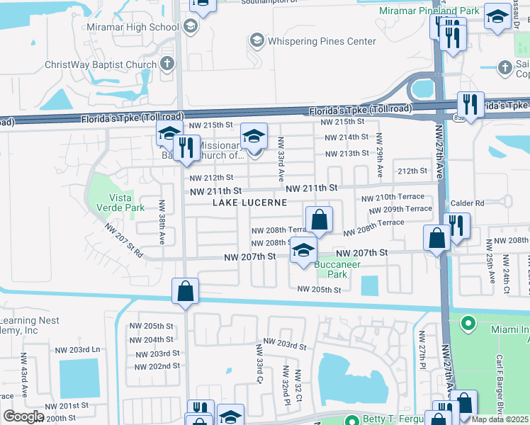 map of restaurants, bars, coffee shops, grocery stores, and more near 3331 Northwest 209th Terrace in Miami Gardens