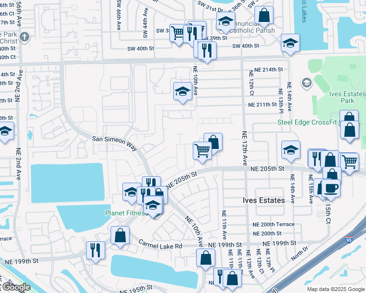 map of restaurants, bars, coffee shops, grocery stores, and more near 20704 Northeast 9th Court in North Miami Beach