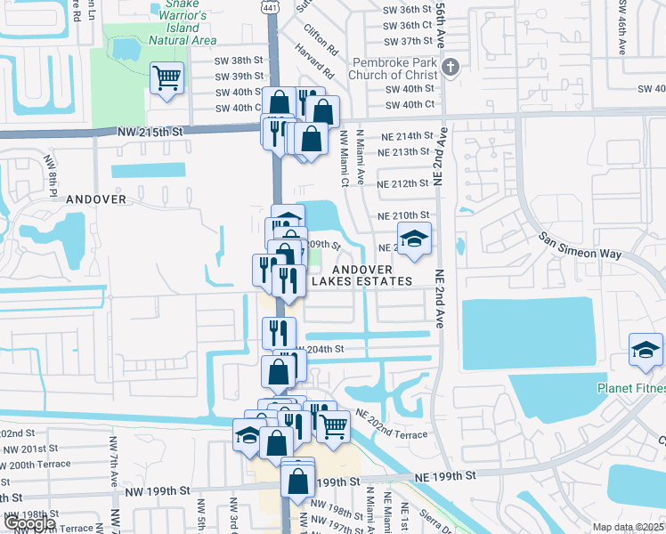 map of restaurants, bars, coffee shops, grocery stores, and more near 20800 Northwest Miami Place in Miami