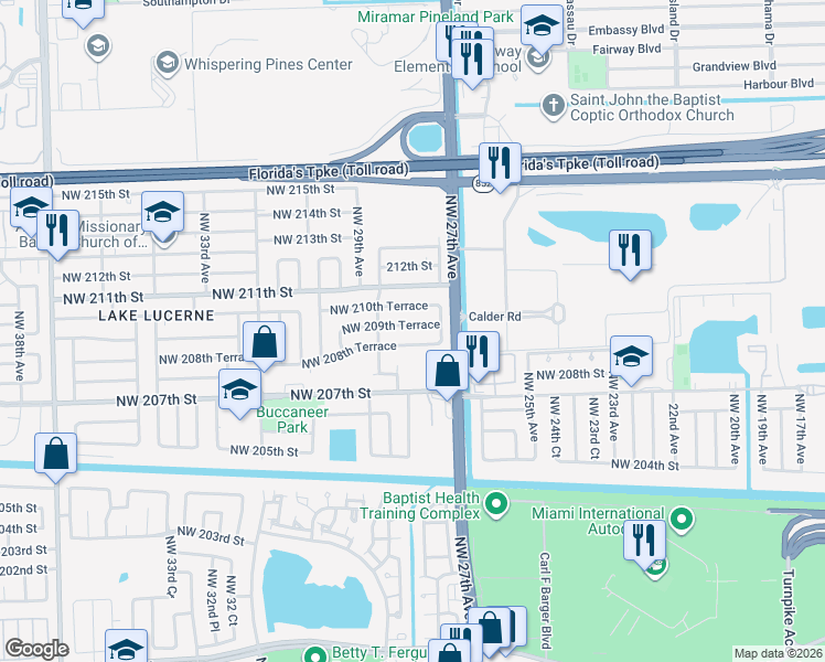 map of restaurants, bars, coffee shops, grocery stores, and more near 2770 Northwest 209th Terrace in Miami Gardens