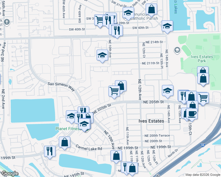 map of restaurants, bars, coffee shops, grocery stores, and more near 20637 Northeast 9th Place in Miami