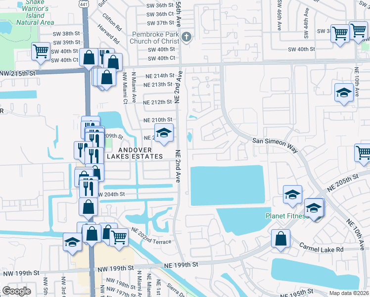 map of restaurants, bars, coffee shops, grocery stores, and more near 20781 Northeast 2nd Avenue in Miami