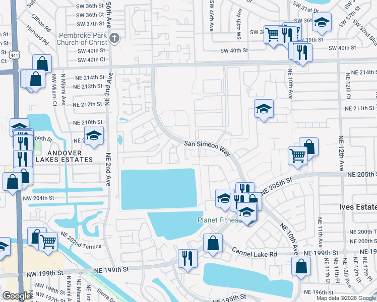 map of restaurants, bars, coffee shops, grocery stores, and more near 20890 San Simeon Way in Miami